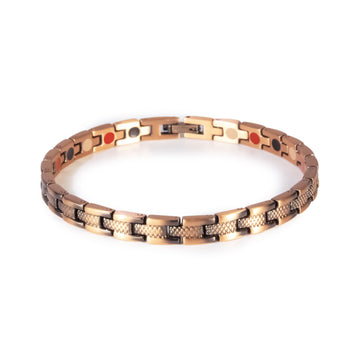 Ember copper negative ion bracelet with cross-hatched etched design, front clasped view.